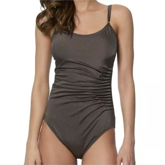 CALVIN KLEIN Starburst Solid One Piece Tank Swimsuit Metallic Bronze Sz 8 - Picture 1 of 10